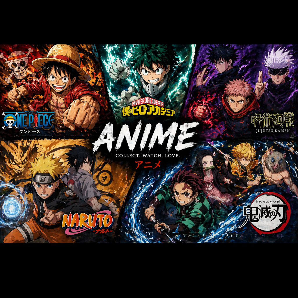 Anime and action figure collectibles featuring Hello Kitty, Sonic, Mario, and characters from One Piece, Naruto, and Demon Slayer, plus horror and movie figures.