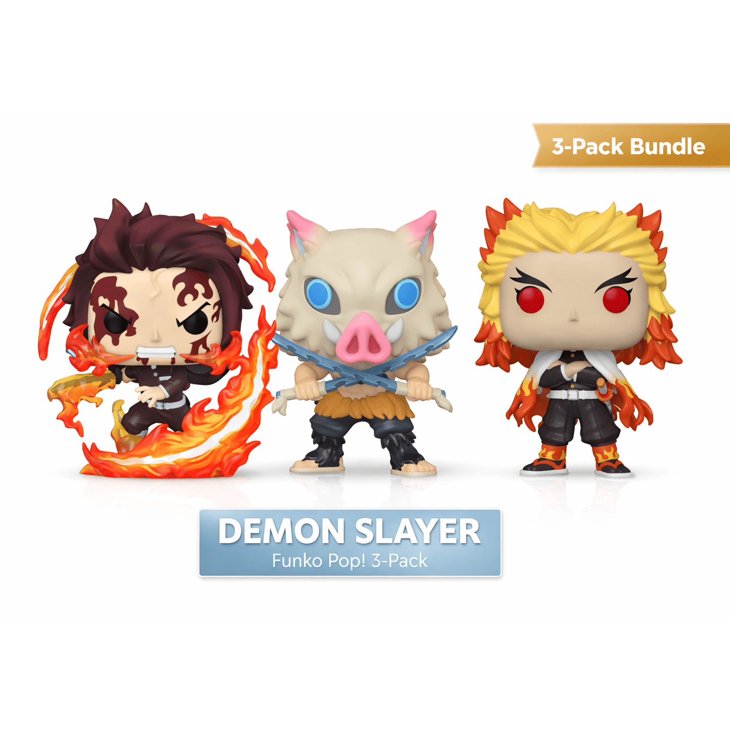 Demon Slayer Bundle – Tanjiro, Inosuke & Rengoku (3-Pack Funko Pops w/ Protectors)